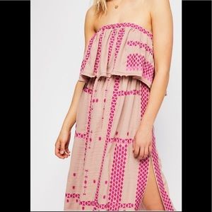 Free People strapless pink embroidered midi dress
